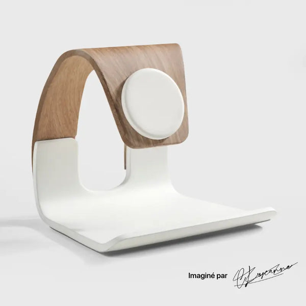 Modern white phone stand with wooden accent and circular design by Craft Kittiesfr