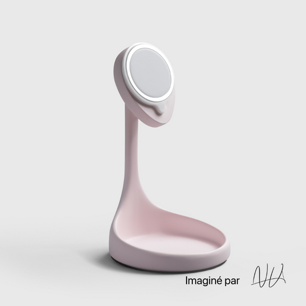 Pink phone stand with a circular magnetic mount and a sleek, minimalist design.