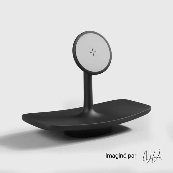 Black modern wireless charging stand with a sleek design, featuring a circular charging pad.