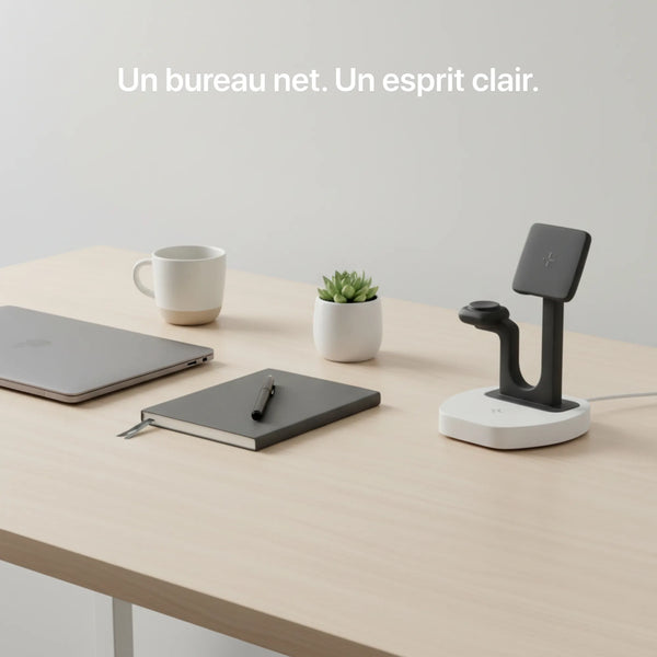 Craft Kittiesfr 3-in-1 charger with sleek design, compatible with multiple devices, ideal for office setups.