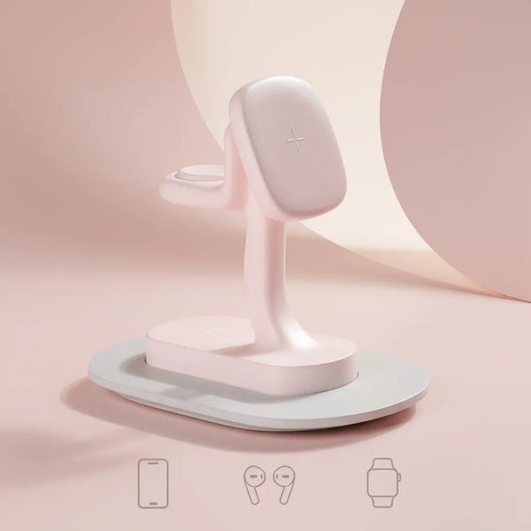 Pink 3-in-1 charger for phone, earbuds, and watch by Craft Kittiesfr on a light gray base.