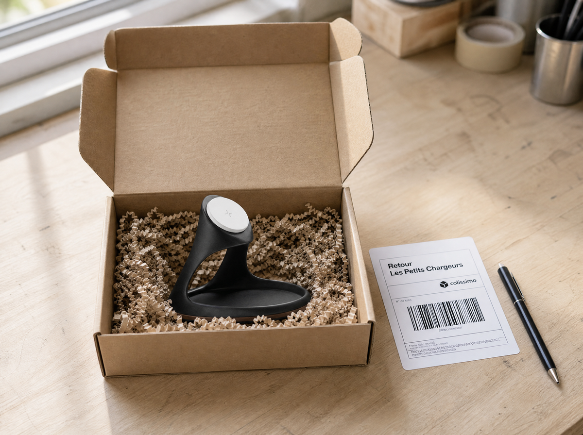 Programme de retour — un chargeur Vaisseau dans une boîte kraft avec étiquette Colissimo