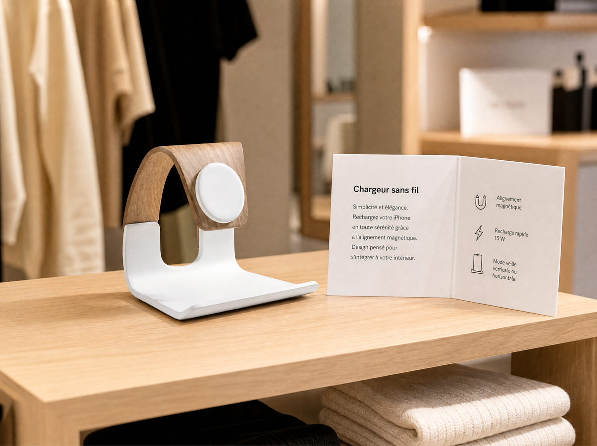 Cascade Frêne en présentoir boutique avec fiche produit