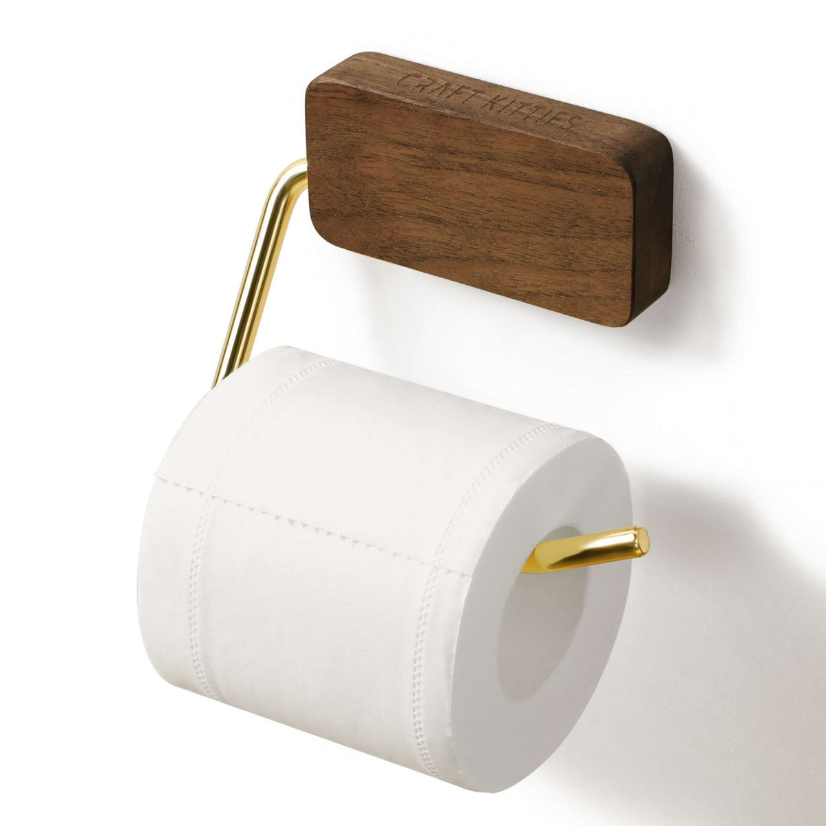 Wooden toilet paper holder in walnut finish with gold metal rod