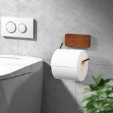 Mural toilet paper holder in solid wood with shelf, featuring brass accents, by Noyer noir.