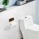 Wooden toilet paper holder in dark walnut, minimalist design, mounted on bathroom wall.