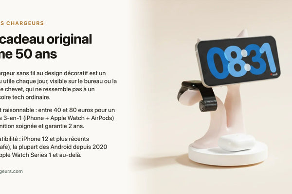 Idée cadeau original femme 50 ans : quand le chargeur ressemble à une sculpture — chargeur sans fil Les Petits Chargeurs