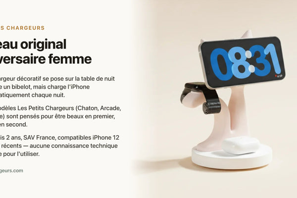 Cadeau original anniversaire femme : l'objet qui décore la table de nuit et charge l'iPhone — chargeur sans fil Les Petits Chargeurs