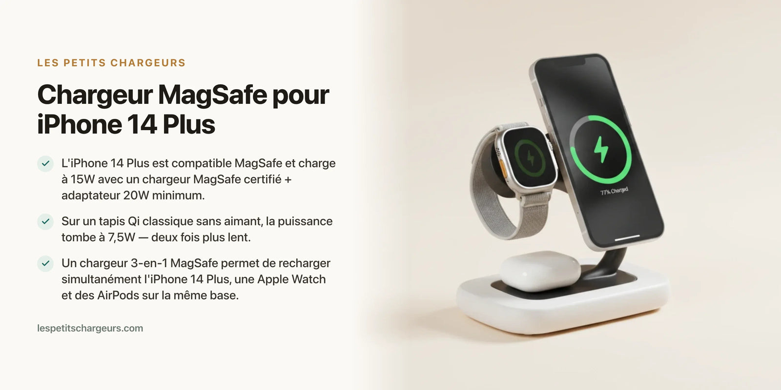 Chargeur MagSafe pour iPhone 14 Plus : grande batterie, 15W — chargeur sans fil Les Petits Chargeurs