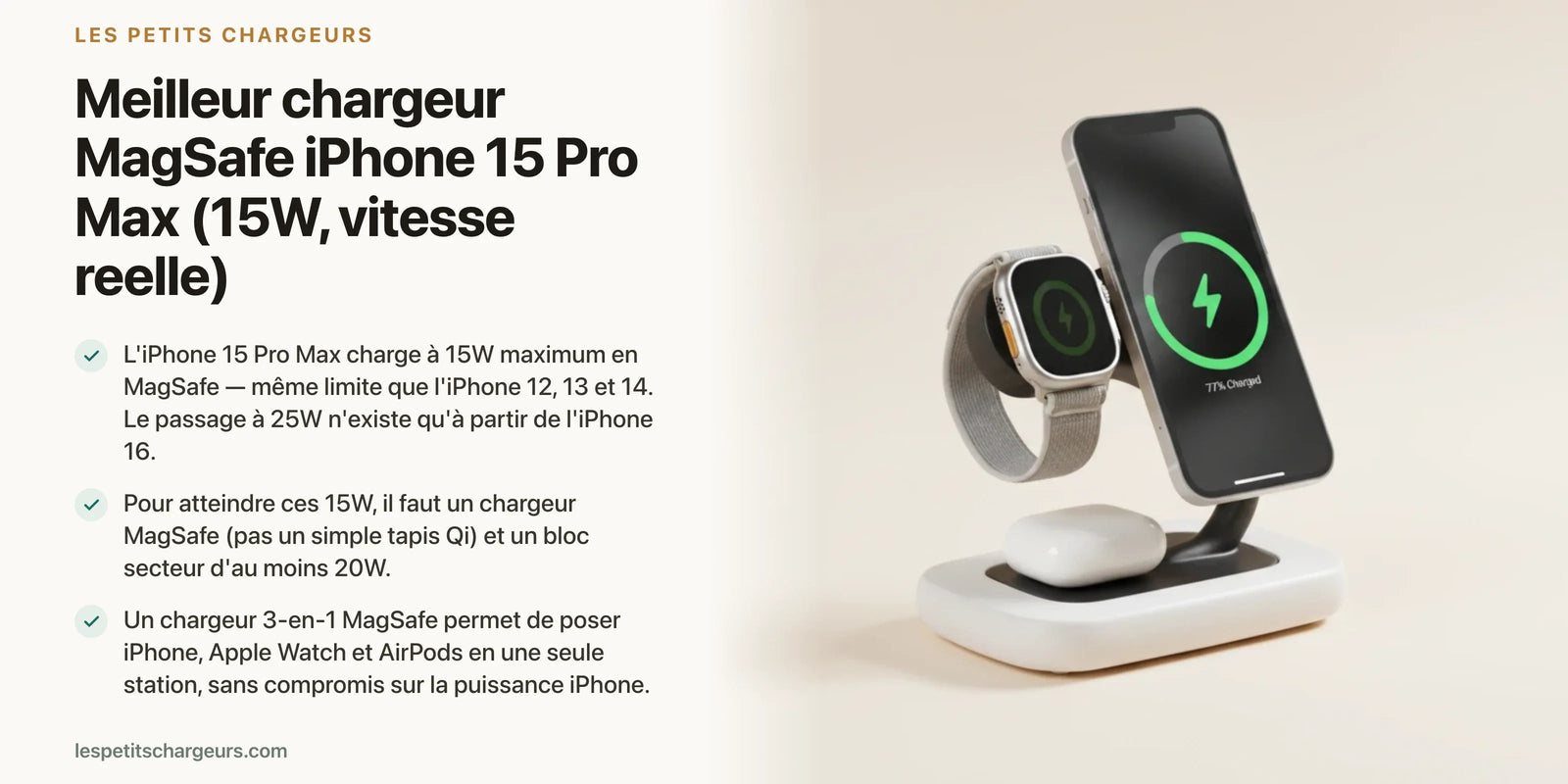 Meilleur chargeur MagSafe iPhone 15 Pro Max (15W, vitesse reelle) — chargeur sans fil Les Petits Chargeurs