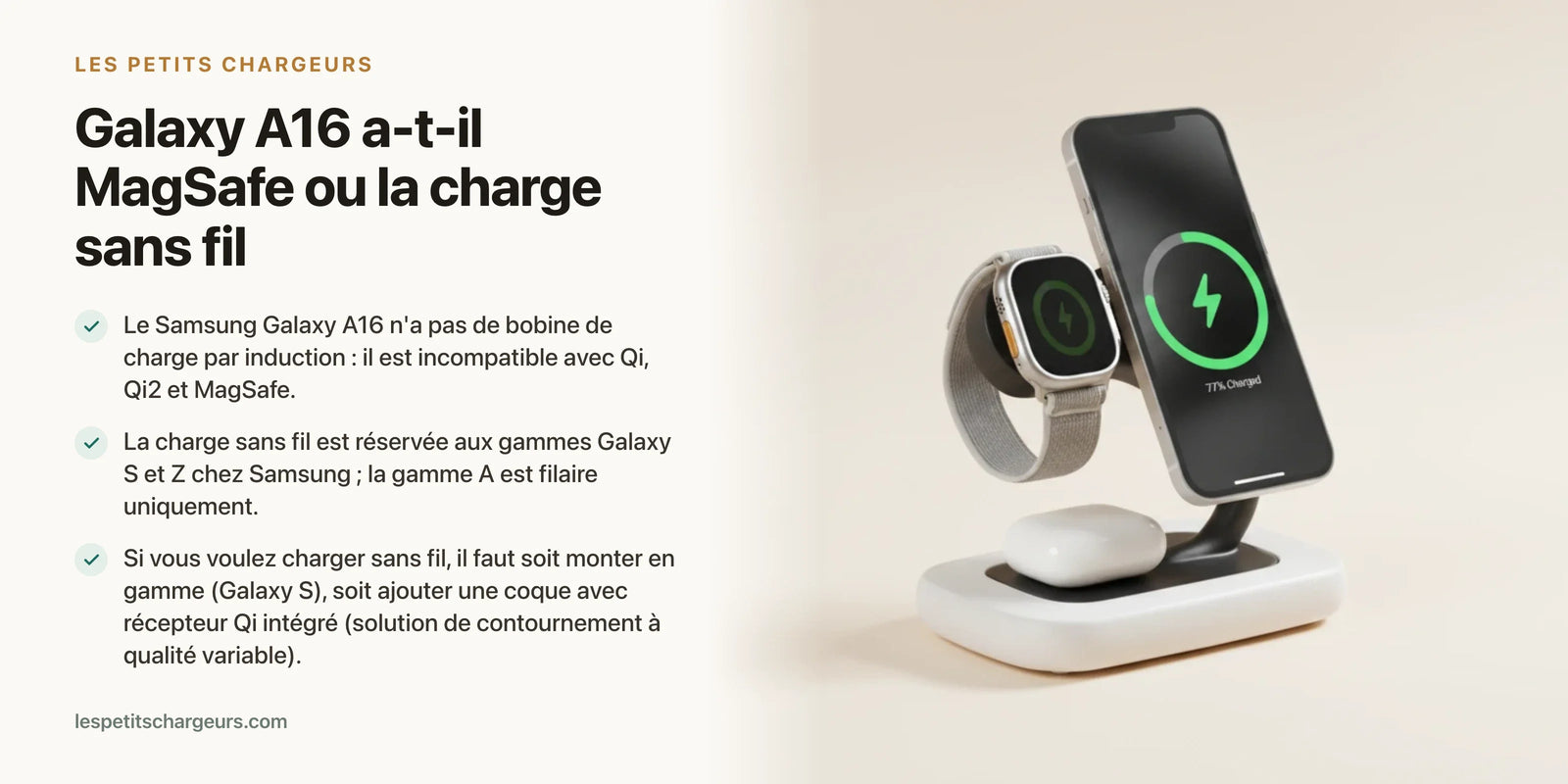 Galaxy A16 a-t-il MagSafe ou la charge sans fil ? Reponse honnete — chargeur sans fil Les Petits Chargeurs