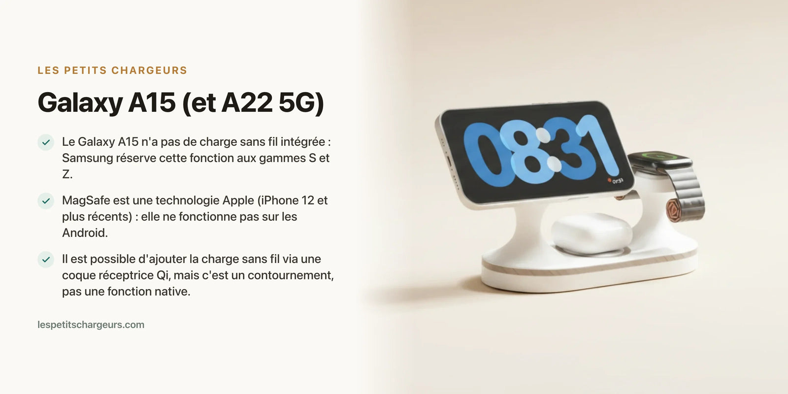 Galaxy A15 (et A22 5G) : charge sans fil et MagSafe, ce qui marche — chargeur sans fil Les Petits Chargeurs