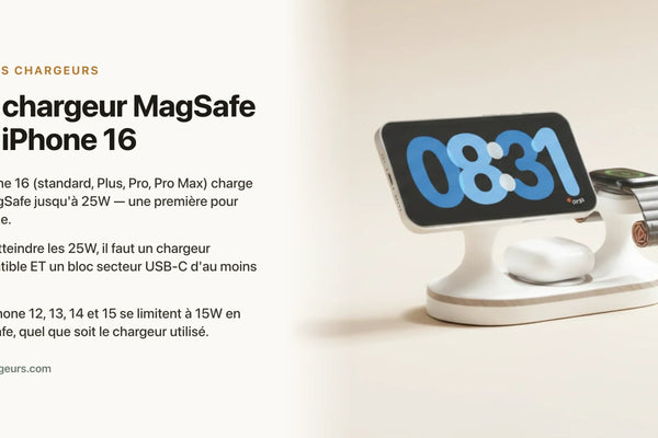 Quel chargeur MagSafe pour iPhone 16 ? Jusqu'a 25W avec bloc 30W — chargeur sans fil Les Petits Chargeurs
