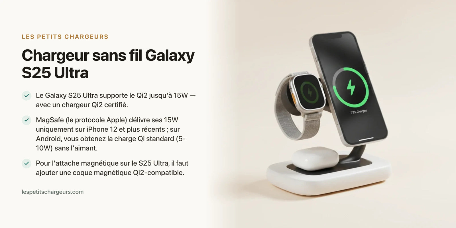 Chargeur sans fil Galaxy S25 Ultra : Qi2, MagSafe et combien de watts — chargeur sans fil Les Petits Chargeurs