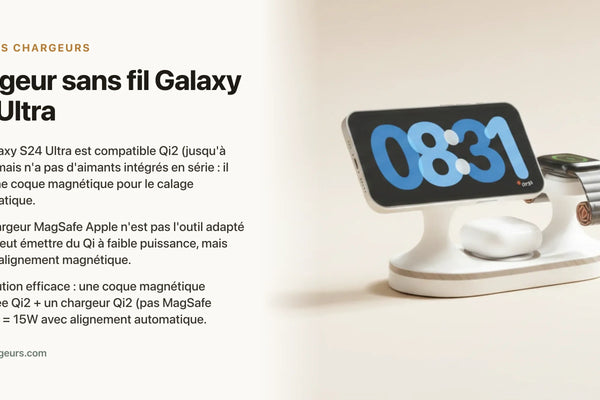 Chargeur sans fil Galaxy S24 Ultra : Qi, MagSafe via coque et watts — chargeur sans fil Les Petits Chargeurs