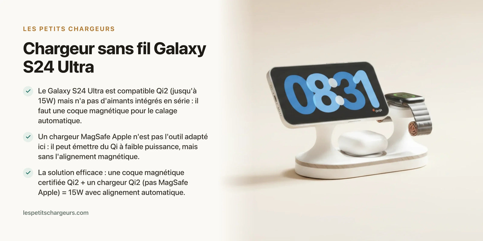 Chargeur sans fil Galaxy S24 Ultra : Qi, MagSafe via coque et watts — chargeur sans fil Les Petits Chargeurs