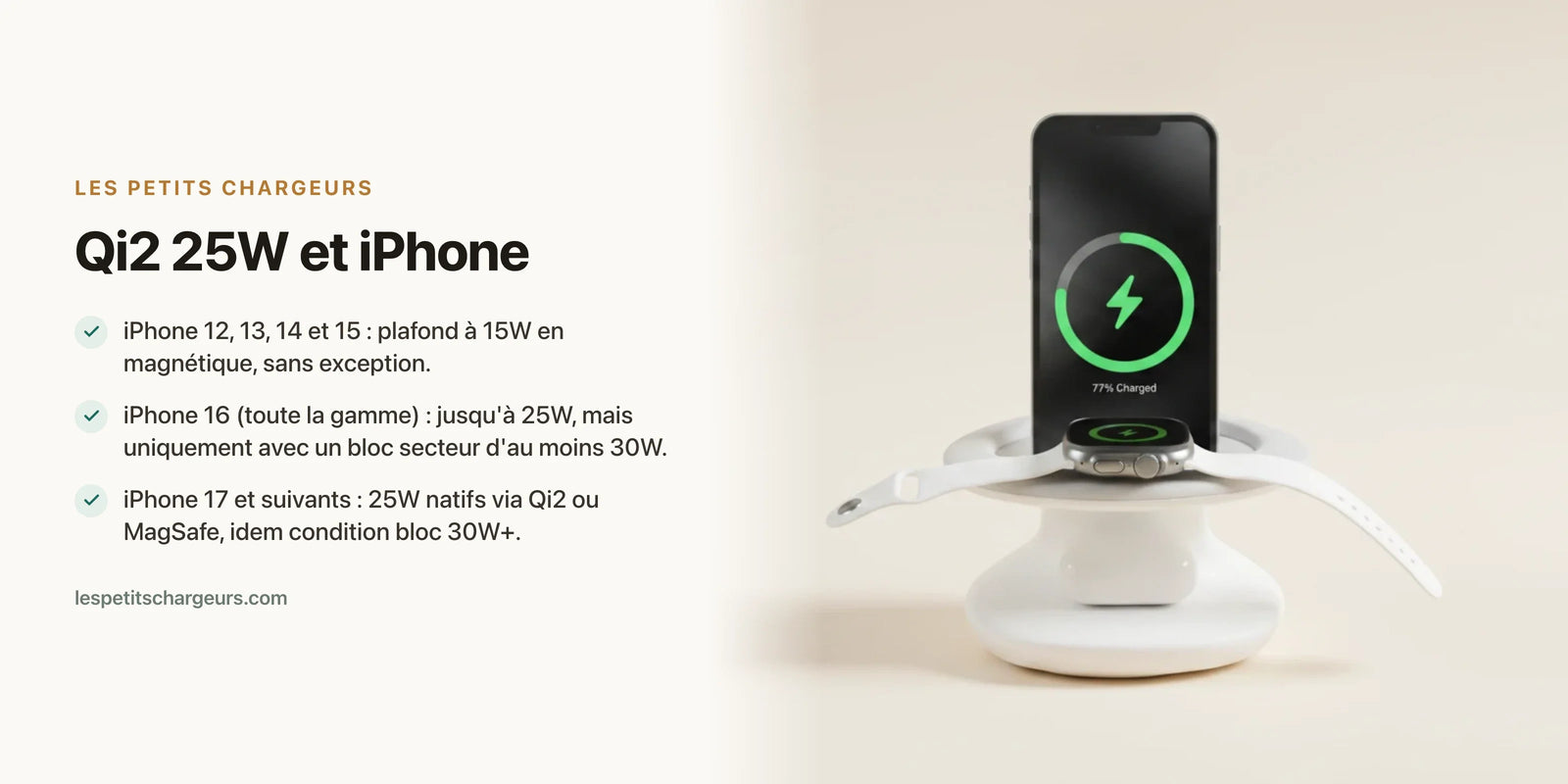 Qi2 25W et iPhone : quels modèles chargent vraiment à 25W (16, 17) — chargeur sans fil Les Petits Chargeurs