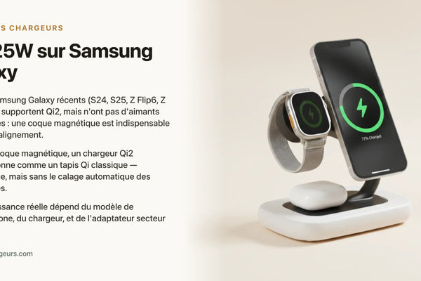 Qi2 25W sur Samsung Galaxy : ce qui marche (S25, S24, Z Flip/Fold) — chargeur sans fil Les Petits Chargeurs