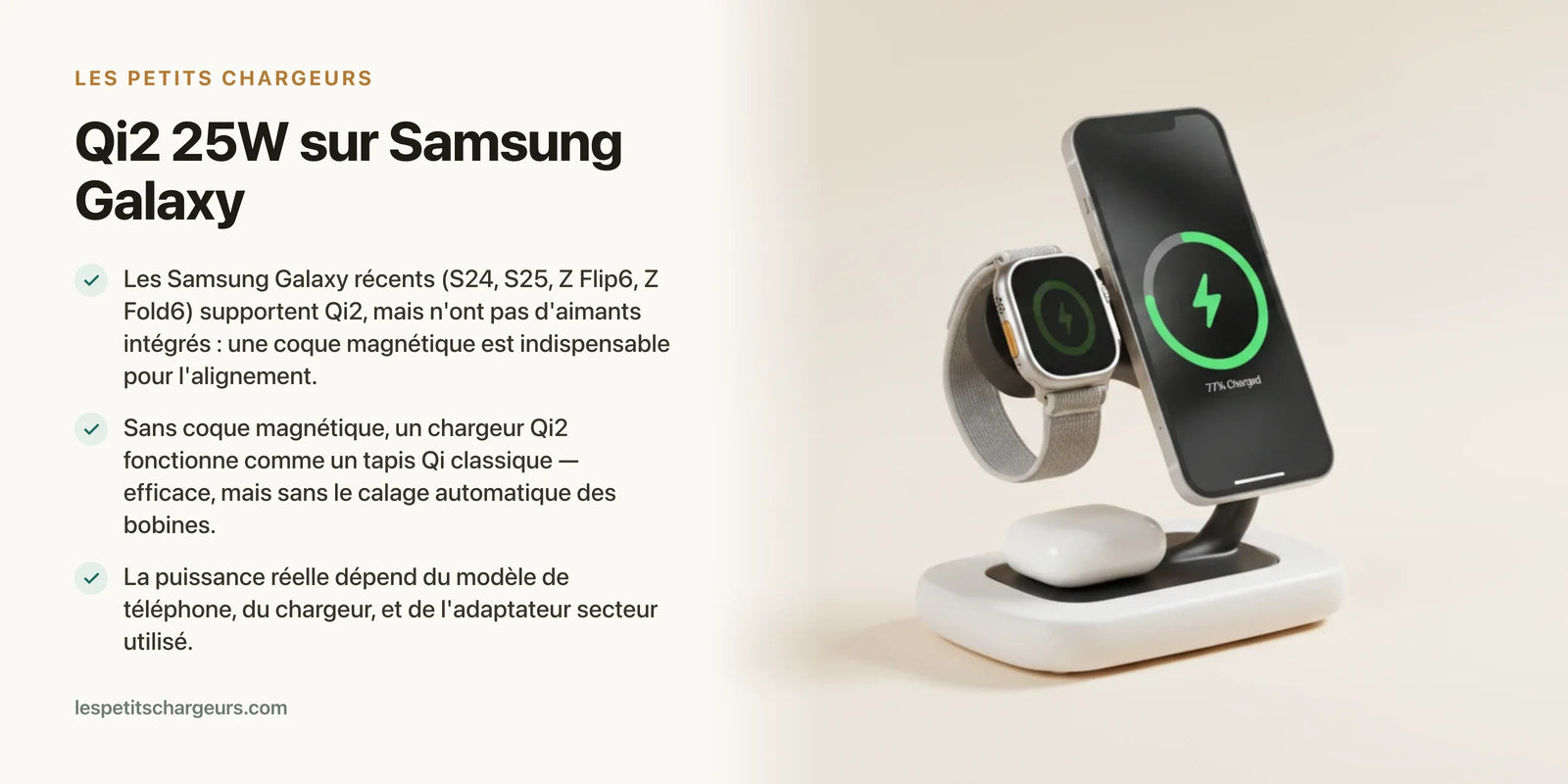 Qi2 25W sur Samsung Galaxy : ce qui marche (S25, S24, Z Flip/Fold) — chargeur sans fil Les Petits Chargeurs