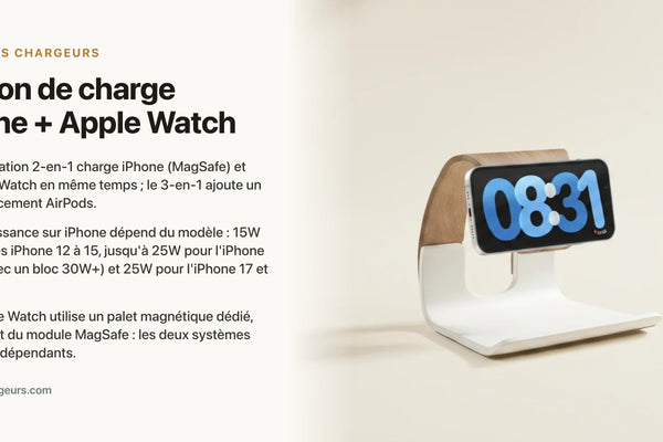 Station de charge iPhone + Apple Watch : 2-en-1/3-en-1 chevet ou bureau — chargeur sans fil Les Petits Chargeurs