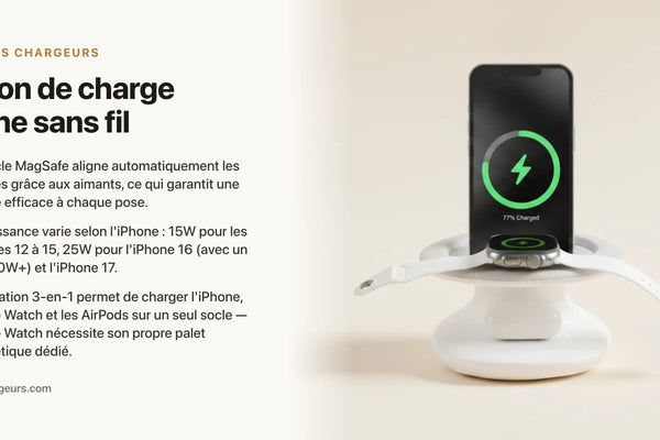 Station de charge iPhone sans fil : le socle MagSafe qui remplace les cables — chargeur sans fil Les Petits Chargeurs
