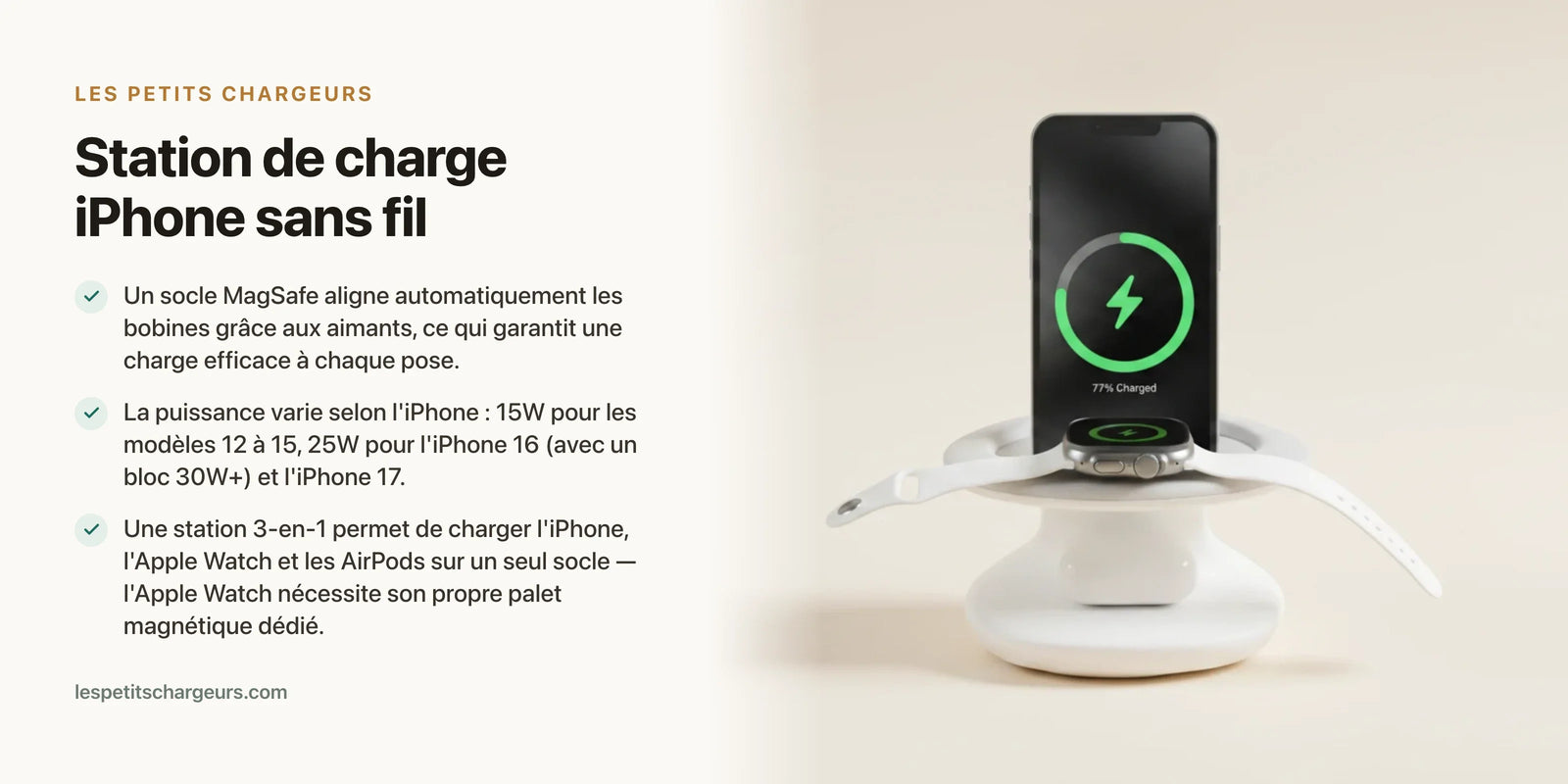 Station de charge iPhone sans fil : le socle MagSafe qui remplace les cables — chargeur sans fil Les Petits Chargeurs