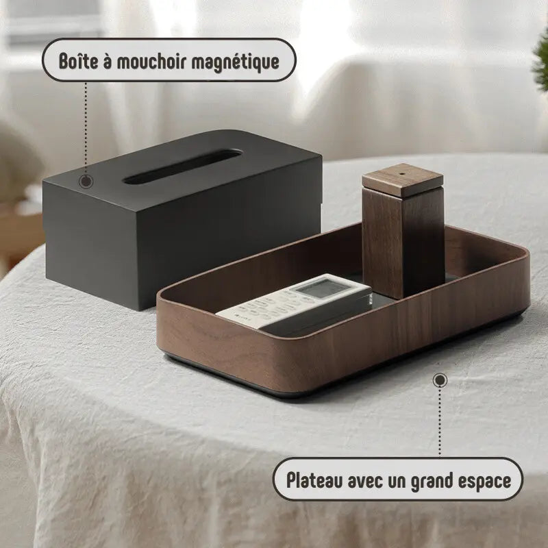 Boîte à mouchoirs en bois premium double rectangle, noire et marron, avec espace de rangement moderne.