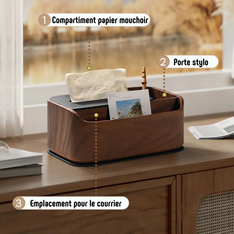 Boîte à mouchoirs en bois premium avec compartiments, 24 cm, design élégant pour bureau ou salon.