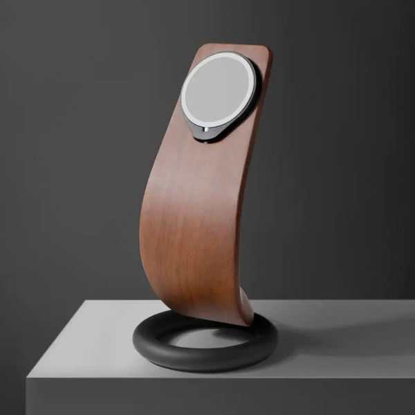 Wooden MagSafe charging station for smartphones, featuring a sleek curved design and black base.