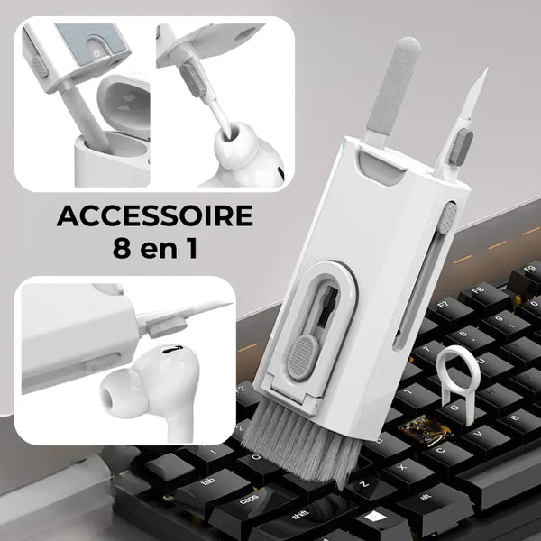 Multifunction 8-in-1 cleaning kit in white with brush, tools, and design for easy maintenance of tech accessories.