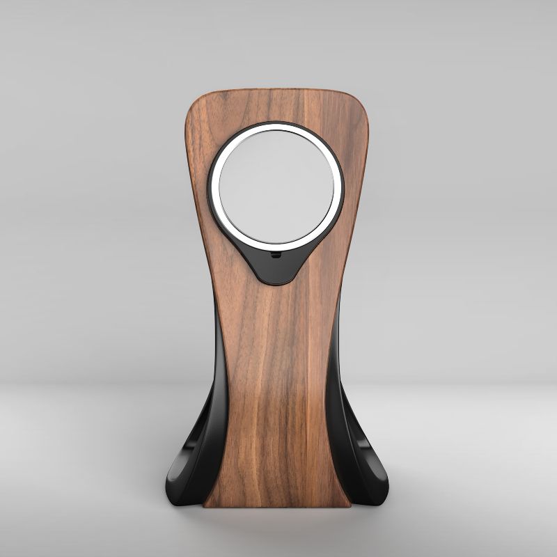 Wooden charging station with sleek black accents for seamless device charging.