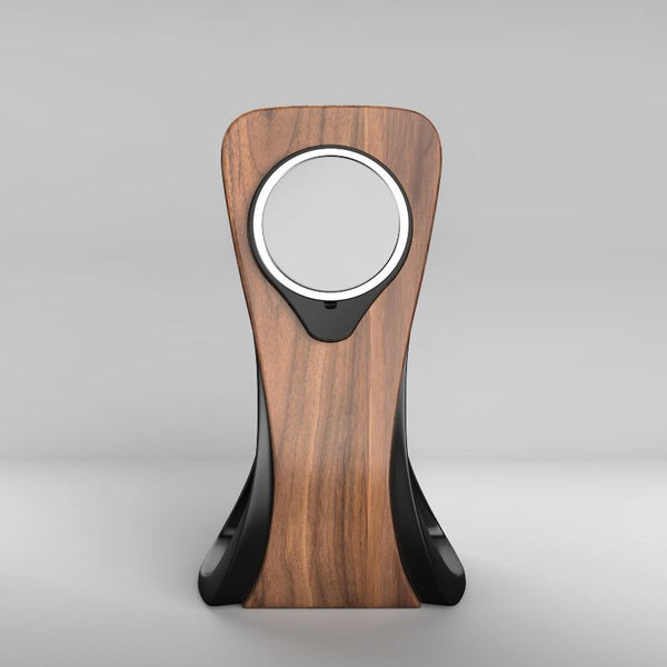 Wooden charging station with sleek black accents for seamless device charging.