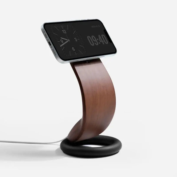 Wooden Cobra MagSafe phone charging station with a curved design and black base.
