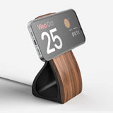 Wooden charging dock for MagSafe with sleek, modern design, featuring a phone stand and a two-tone finish.