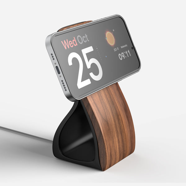 Wooden charging dock for MagSafe with sleek, modern design, featuring a phone stand and a two-tone finish.
