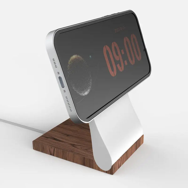 Wood and aluminum MagSafe charger stand for iPhone and Android with 15W fast charging, sleek and modern design.