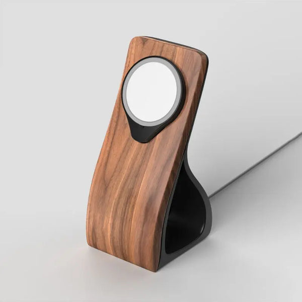 Wooden charging stand with sleek design, compatible with MagSafe devices, brand Station de Charge.