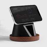 Wood and black charging stand for MagSafe, featuring an angled design for iPhone display.