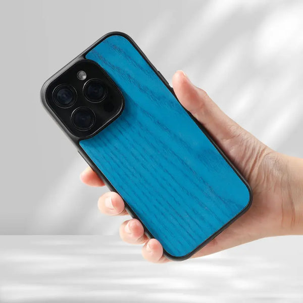Coque MagSafe bleue effet bois pour iPhone 15, 15 Plus, et 15 Pro, protection magnétique par Accessoire.