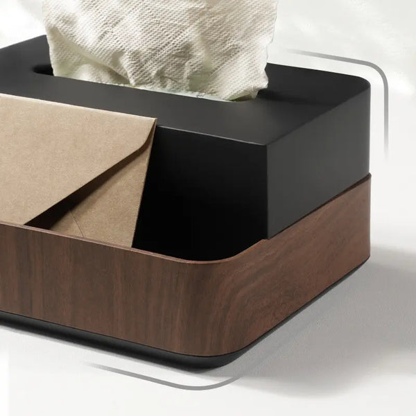 Double rectangle premium wooden tissue box in black and walnut finish, ideal for modern office or home decor.
