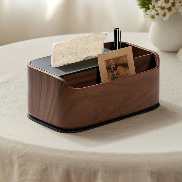 Boîte à mouchoirs en bois premium avec compartiments, style contemporain, finition marron, idéale pour bureau ou salon.