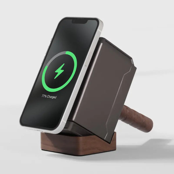 Mjöllnir wireless charger shaped like a hammer, featuring a smartphone charging indicator and wooden base, by Craft Kittiesf