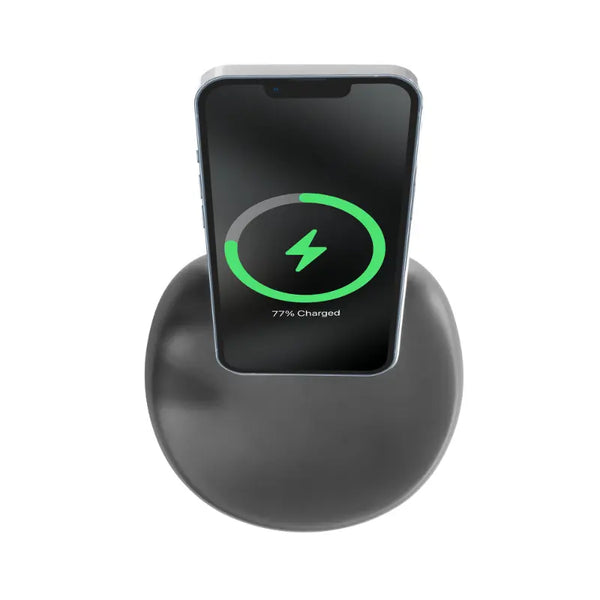 Support BlackTray pour téléphone en noir, plateau organisateur avec station de charge et surface lisse.