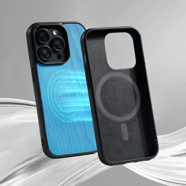 Blue wood-effect MagSafe case for iPhone 15, 15 Plus, and 15 Pro with magnetic charging compatibility by Accessoire.