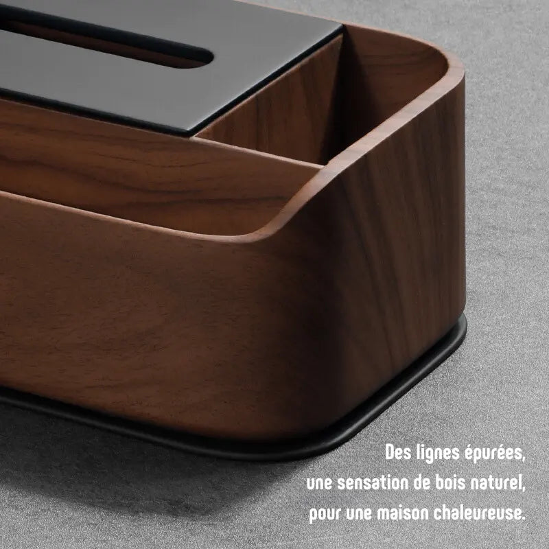 Premium wooden tissue box with compartments, designed for desk or living room use.