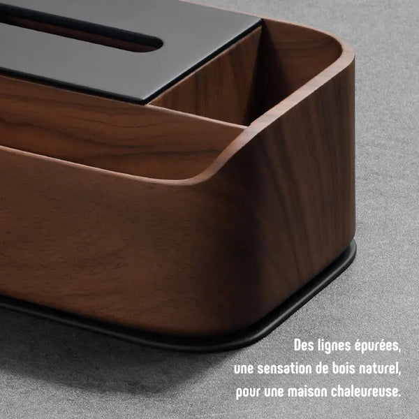 Premium wooden tissue box with compartments, designed for desk or living room use.