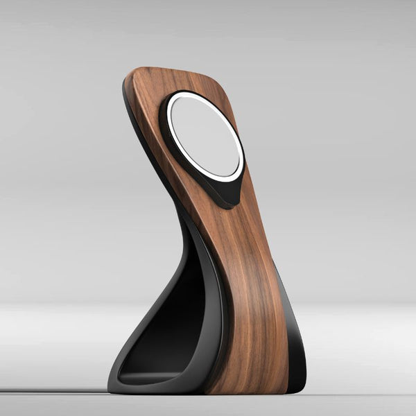 Wooden charging station with a sleek black base and circular wireless charging pad.
