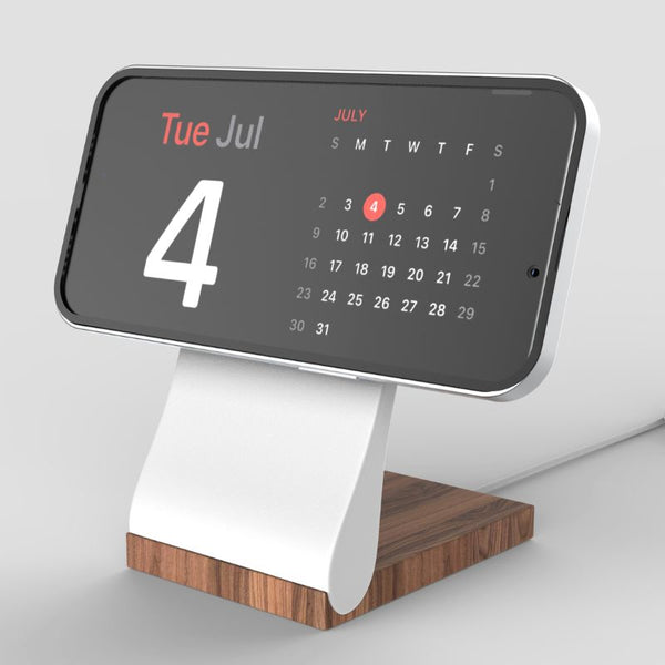 Elegant wood and white MagSafe phone charger stand with 15W charging capability. Perfect for iPhone and Android devices.