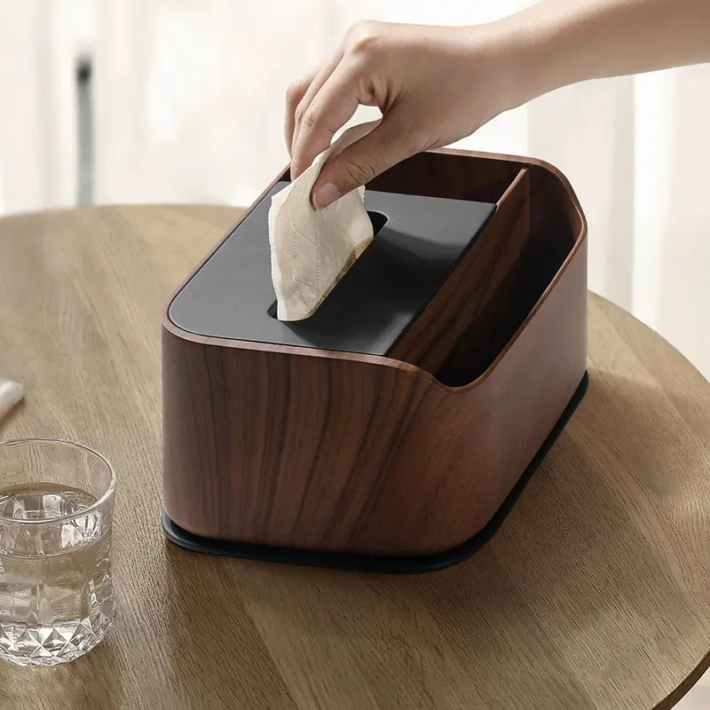 Boîte à mouchoirs en bois premium avec compartiments, finition brun foncé, style moderne et élégant.
