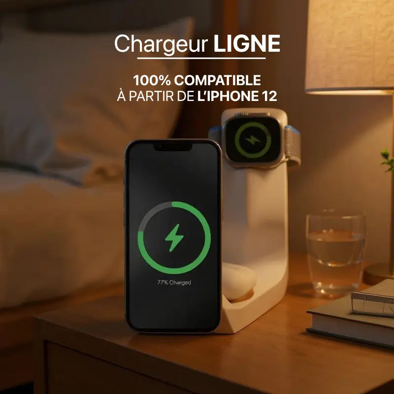 Charger 3-en-1 Ligne by Craft Kittiesfr, featuring a sleek design with wireless charging for iPhone and Apple Watch.